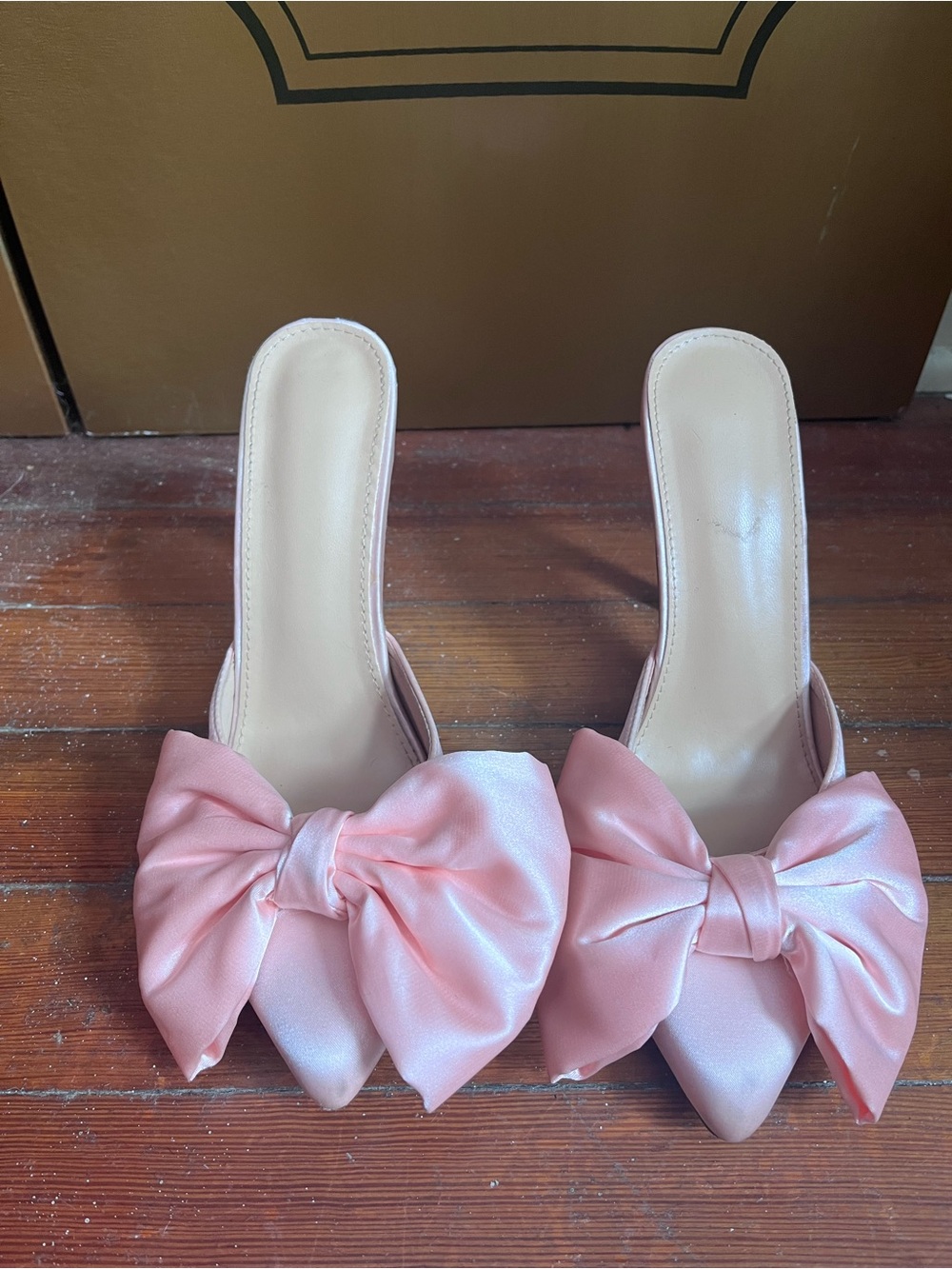 Pink Bow Satin Mule Heels - Women